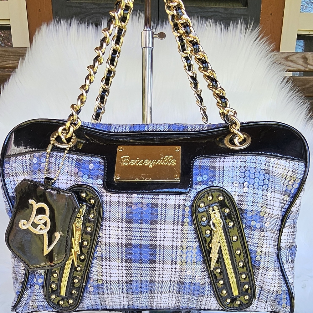 Betsey Johnson Blue and Black Plaid Shoulder Bag with Sequins and Gold Accents.